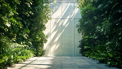 Sunlit indoor walkway between lush green walls in modern atrium - Powered by Adobe