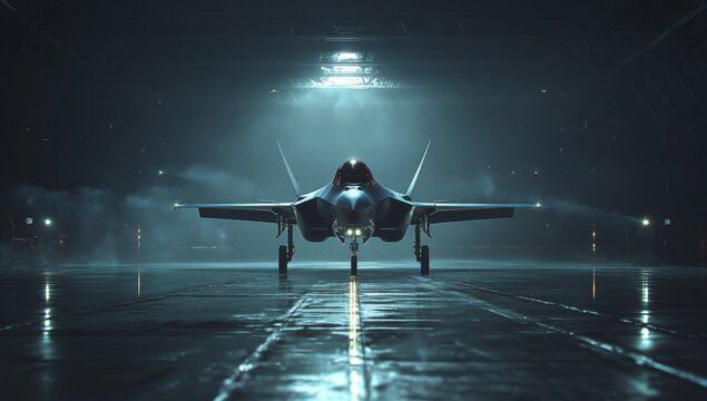 Stealth fighter hangar night scene, powerful aircraft, military
