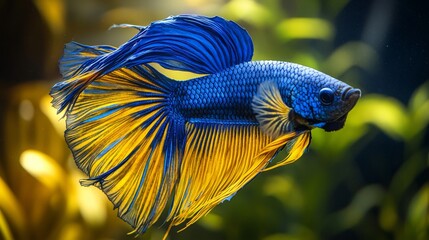 Exotic electric blue and sunlit yellow fish captured mid-swim in a tranquil aquarium with ethereal light rays and soft currents