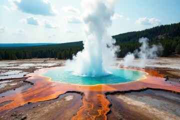 Steam rises from geyser as it prepares to erupt, natural wonders, landscape