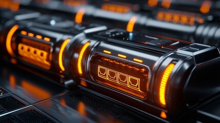 Rows of electric vehicle battery packs with highlighted connection points, set against a futuristic grid-pattern background, energy future concept