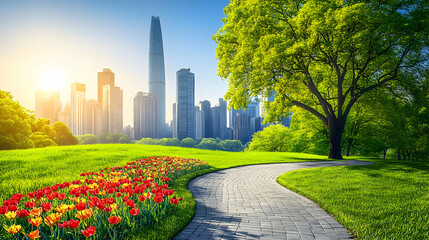 Obraz premium Serene city park with vibrant tulips, winding path, and modern cityscape backdrop. Perfect for urban living, nature, and tranquility themes.