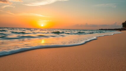 Closeup sea sand beach. Panoramic beach landscape. Inspire tropical beach seascape horizon. Orange and golden sunset sky calmness tranquil relaxing sunlight summer mood. Vacation travel holiday banner