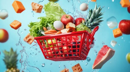 Vibrant Grocery Shopping: Fresh Produce and Essentials in a Splash