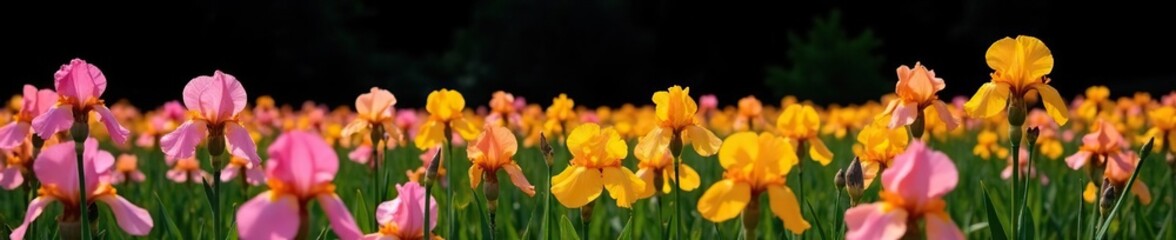 Yellow and pink irises in a field with a black sky, landscape, pink