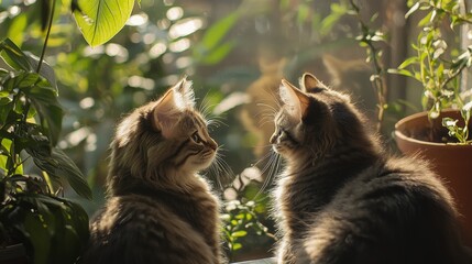 Two playful tabby kittens sitting on a windowsill, with a background of lush greenery and soft morning light enhancing their vibrant fur