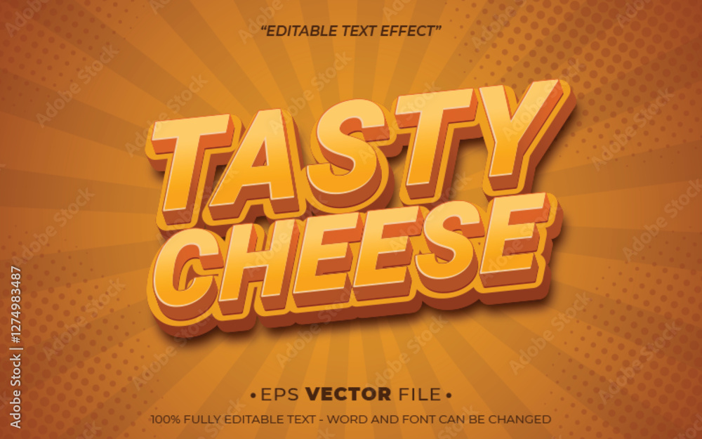 Poster tasty cheese text effect vector realistic 3d style with a yellow background