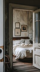 Cozy bedroom with vintage charm, featuring soft textures and muted colors.