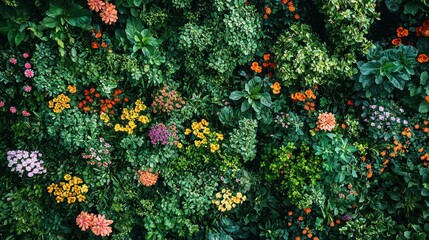 Fototapeta premium Lush Green Wall of Vibrant Flowers and Foliage