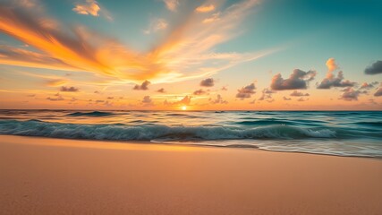 Obraz premium Closeup sea sand beach. Panoramic beach landscape. Inspire tropical beach seascape horizon. Orange and golden sunset sky calmness tranquil relaxing sunlight summer mood. Vacation travel holiday banner