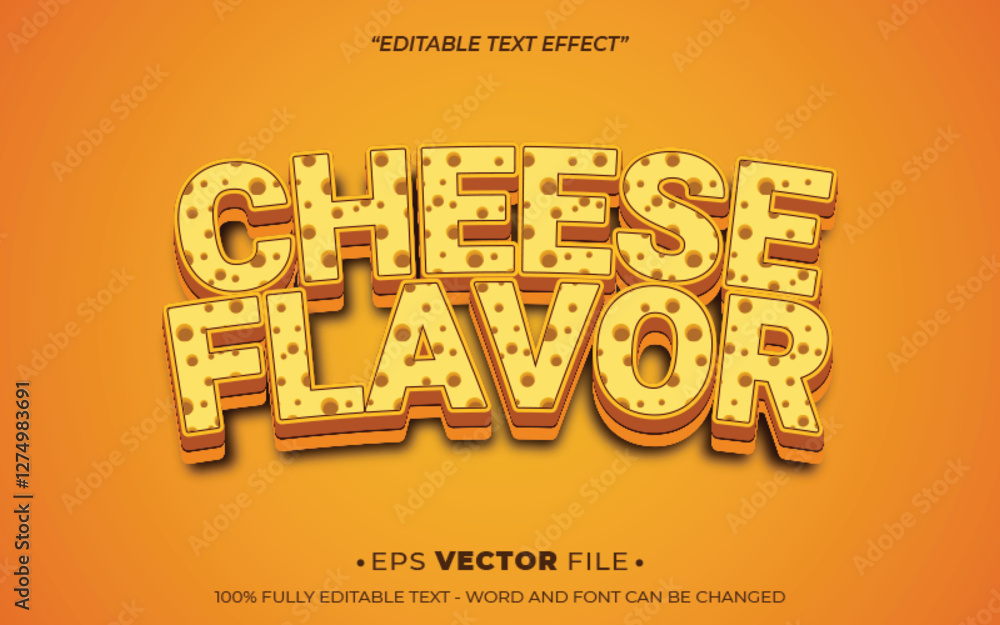 Poster cheese flavor text effect vector realistic 3d style with a yellow background