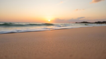 Closeup sea sand beach. Panoramic beach landscape. Inspire tropical beach seascape horizon. Orange and golden sunset sky calmness tranquil relaxing sunlight summer mood. Vacation travel holiday banner