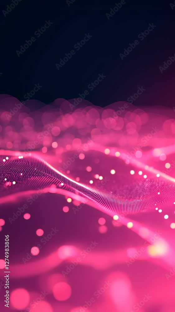 Poster futuristic abstract animation waves with flowing light particles on dark background in neon pink pal