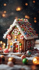 Naklejka premium Festive gingerbread house adorned with colorful candies and icing, capturing holiday spirit.