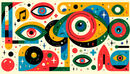 Abstract Colorful Geometric Art Print with Eyes Music Note and Stars