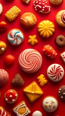 Obraz premium Colorful assortment of festive cookies on a bright red background.