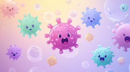 Cute cartoon viruses with comical expressions, bright color gradients, and bubble-like textures, placed on a soft gradient background