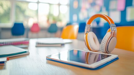 Close-up of an empty desk with a tablet and headphones on top, blurred classroom background, tech-integrated learning atmosphere