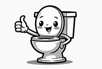 Black and White Toilet Character: Simple Cartoon, Happy Face, Thumbs Up Gesture, Cute Mascot Design, Chibi Style, Rounded Shapes, Minimalist Design, White Background, Kawaii.

