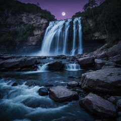 Fototapeta premium A waterfall cascading over shimmering amethyst rocks under the moonlight.