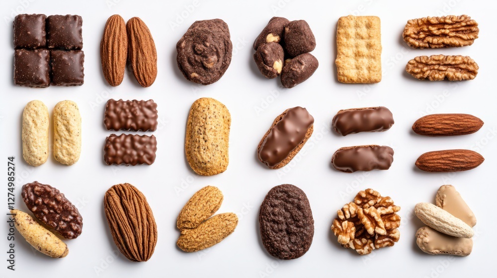Poster assorted cookies and biscuits displayed on a white surface for culinary inspiration and use