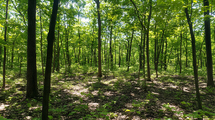 Lush green forest scene, dappled sunlight filtering through dense canopy, tall trees, tranquil nature background.