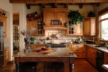 Warm, inviting kitchen with wooden cabinets and a central island.