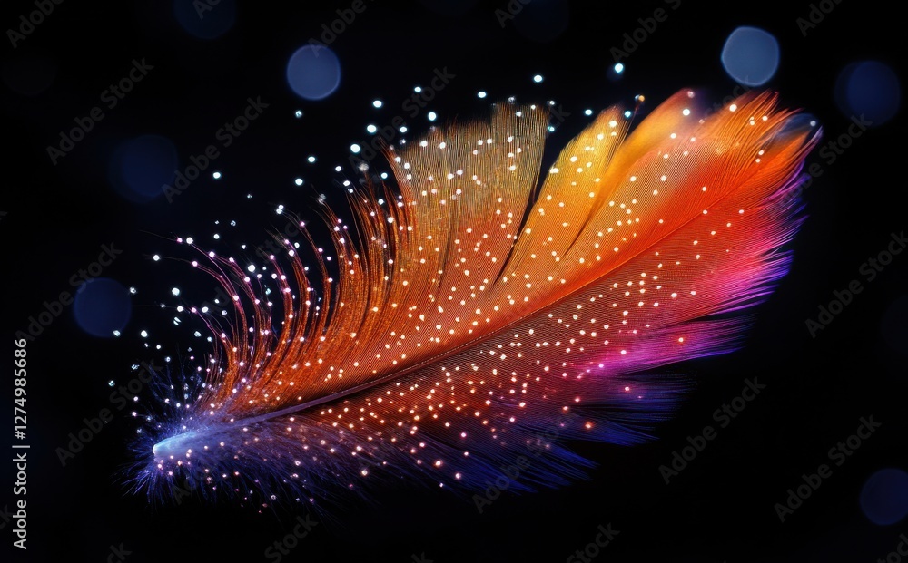 Poster colorful feather with sparkling particles floating in dark background for creative design and artist