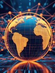 Naklejka premium Futuristic digital globe surrounded by a glowing network of connections, representing global technology, communication, innovation, and a high-tech interconnected world