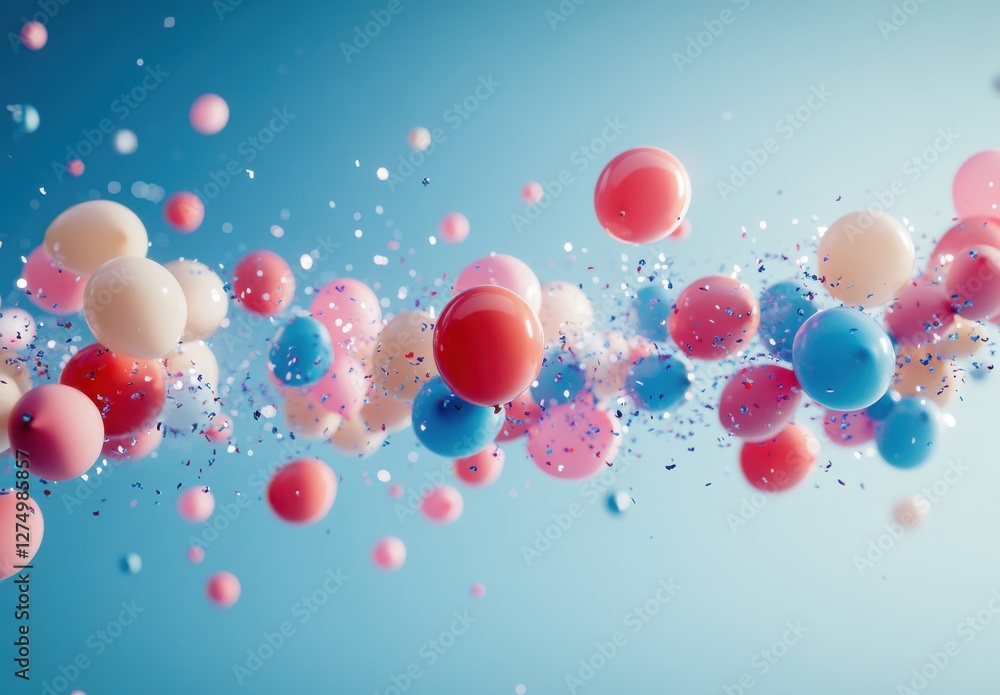 Poster colorful floating bubbles in a light blue background with glitter and sparkles for creative design a