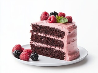 Minimalist photography of a chocolate cake with pink frosting and berry garnishes, staged on a clean white background, highlighting every detail