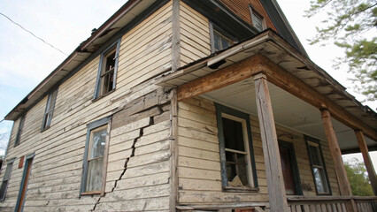 Obraz premium A severely damaged house with extensive cracks running through its exterior walls, highlighting the urgent need for repairs and structural reinforcement