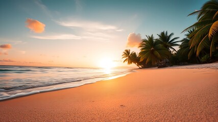 Obraz premium Closeup sea sand beach. Panoramic beach landscape. Inspire tropical beach seascape horizon. Orange and golden sunset sky calmness tranquil relaxing sunlight summer mood. Vacation travel holiday banner
