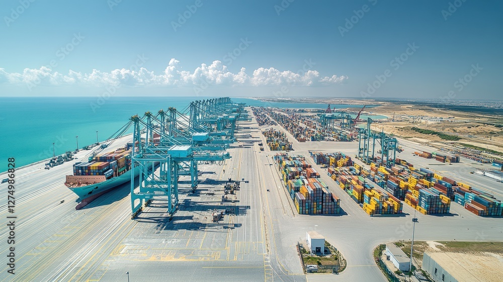 Poster extensive container port aerial view showing busy shipping activity