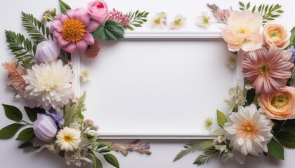 Vibrant Floral Frame Against a Minimalist White Background, Perfect Canvas for Digital Art or Home Decor, Showcasing Captivating Floral Details in High Resolution.