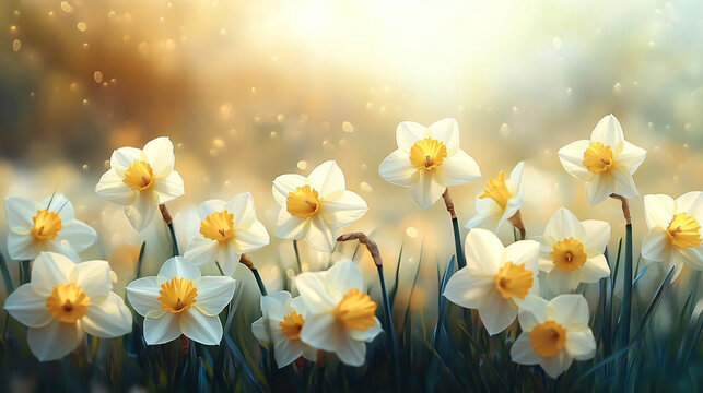 A serene close-up of bright yellow daffodils in a sunlit meadow, perfect for spring-themed events, invitations, and tranquil decor.