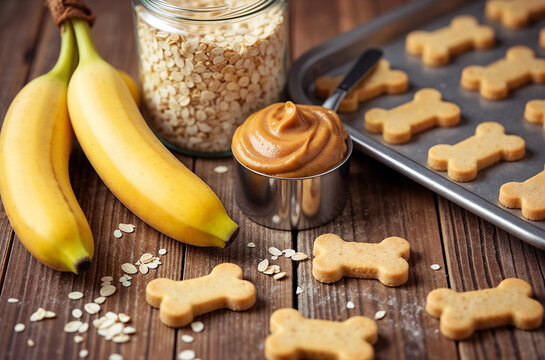 The still life of dog treats bone shaped cookies baked from peanut butter, banana and oatmeal dough on rustic table, some cookies lying on baking rack
