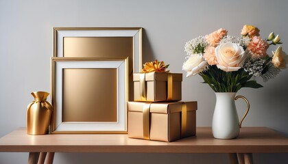 Vibrant Flower Arrangement on Table Near Antique Frames A Delicate and Elegant Scene Radiating Warmth and Serenity