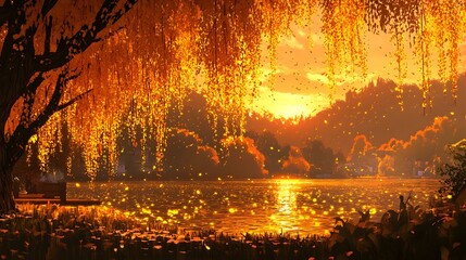 Fototapeta premium Willow trees hanging by the lake in the sunset glow