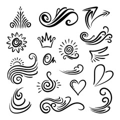 Creative collection of abstract art line waving, sun, crown and love icons isolated on white background