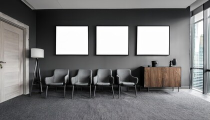 Four Dark Grey Banners in a Moody Waiting Room Interior with Sideboard Elegant, Contrasting Textures and Shadows Amidst a Serene Ambience, Ideal for Minimalist Art, Modern Home Decor, or Design