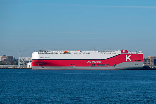 Roll-on roll-off vehicles carrier Nereus Highway moored at Columbus Street Terminal in Charleston Harbor, SC, USA on February 18, 2025.