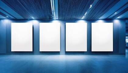 Four empty white vertical posters on a deep blue exhibition wall, showcasing an intriguing contrast in a minimalist interior, evoking a sense of anticipation and mystery.