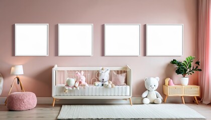 Four Framed Vignettes of a Sweet Girls Room Dainty Interiors, Whimsical Accents, and a Tender Spirit in a Cozy Baby Room, Illuminated by Warm Light