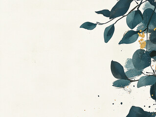 Elegant botanical illustration featuring teal leaves and gold accents on a soft beige background