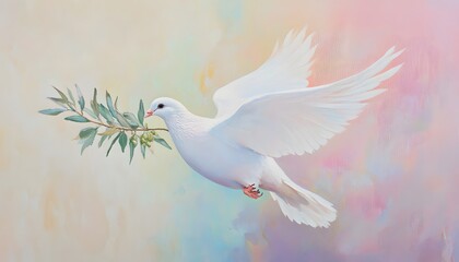 Obraz premium A pristine white dove flies holding an olive branch aloft