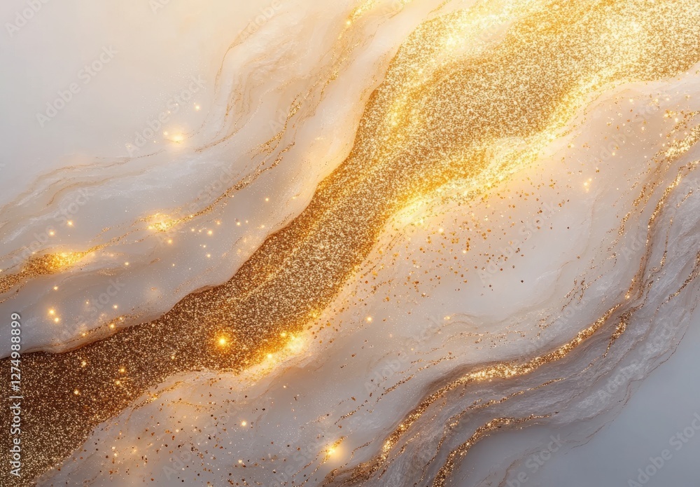 Poster elegant abstract background with shimmering gold sparkles and fluid white patterns for creative desi