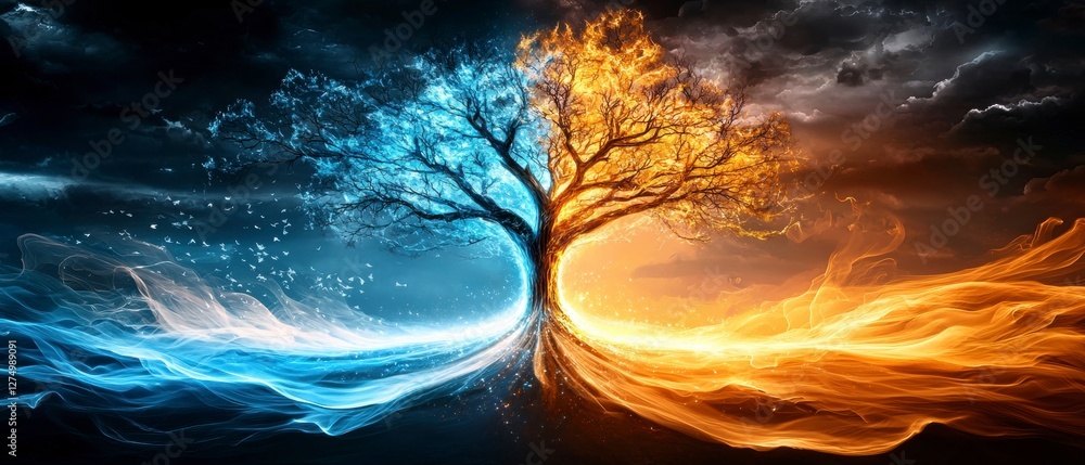 Poster dynamic duality of fire and ice tree fantasy realm digital art surreal environment abstract viewpoin