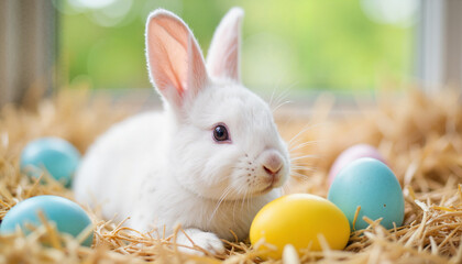 Cute white Easter bunny lying on straw surrounded by colorful eggs in a cozy indoor setting