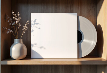 Photo mockup of a blank album cover template for a vinyl record release on the wooden shelf